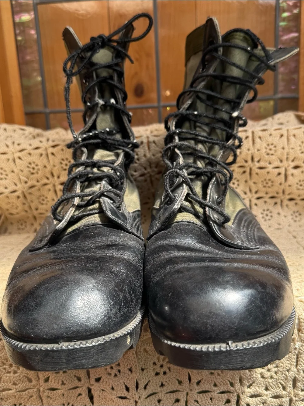 Vintage Men's 10.5W US Military Combat Jungle Boots Black Leather & Green Canvas